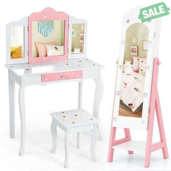 2 Pieces Kids Vanity Set and Jewelry Armoire Cabinet with Full-length Mirror-White