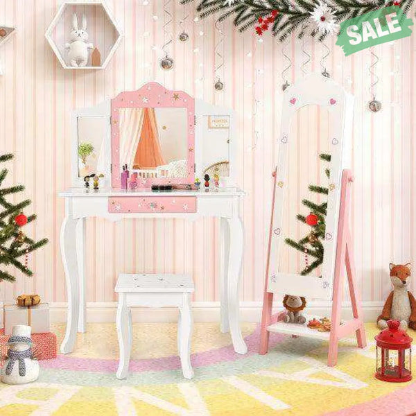 2 Pieces Kids Vanity Set and Jewelry Armoire Cabinet with Full-length Mirror-White