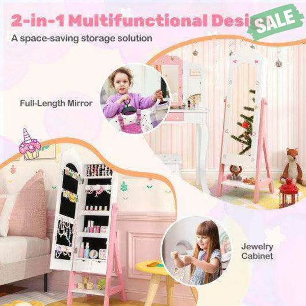 2 Pieces Kids Vanity Set and Jewelry Armoire Cabinet with Full-length Mirror-White