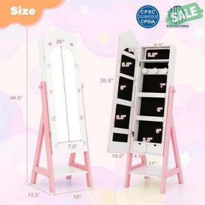 2 Pieces Kids Vanity Set and Jewelry Armoire Cabinet with Full-length Mirror-White