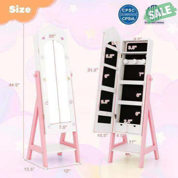 2 Pieces Kids Vanity Set and Jewelry Armoire Cabinet with Full-length Mirror-White