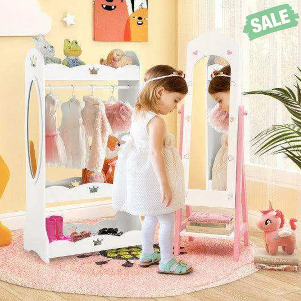 2 Pieces Kids Vanity Set and Jewelry Armoire Cabinet with Full-length Mirror-White