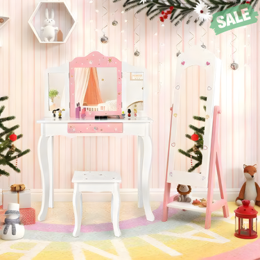 White 2-piece kids vanity set with jewelry armoire and full-length mirror for stylish playtime.