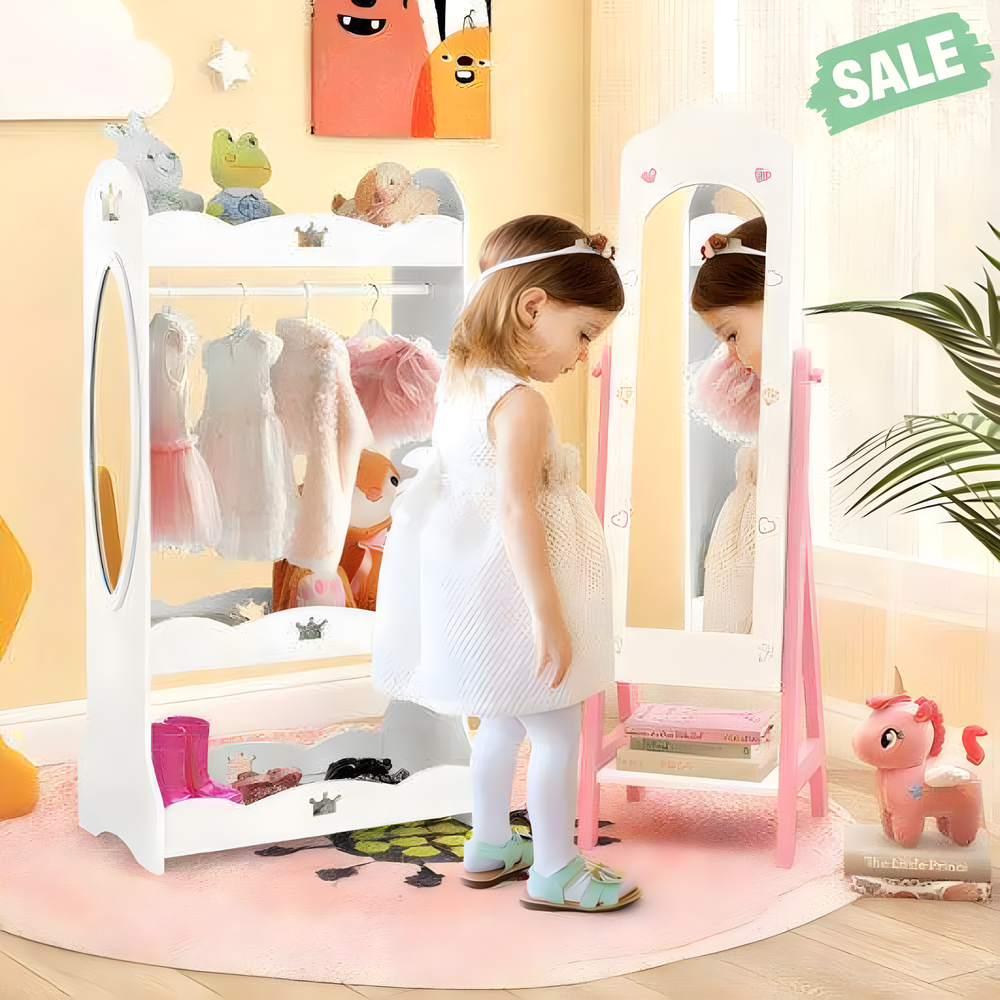 White 2-piece kids vanity set with jewelry armoire and full-length mirror for stylish playtime.