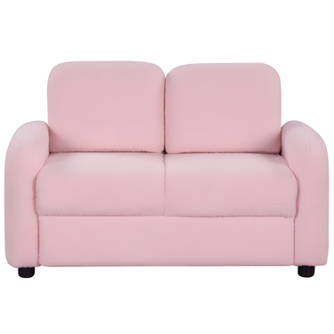 Pink 2-seat kids sofa with soft teddy fleece upholstery and solid wooden frame for toddlers. Perfect for playtime and relaxation.