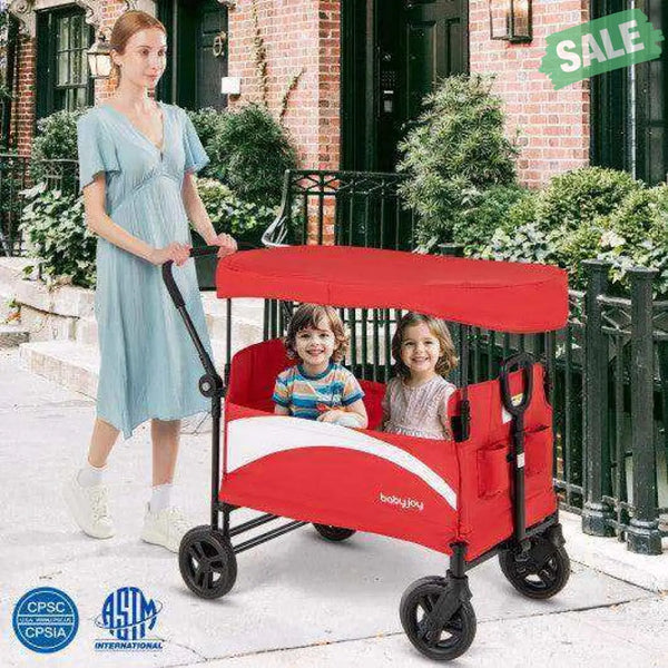 2-Seat Stroller Wagon with Adjustable Canopy and Handles-Gray Gray Baby Strollers