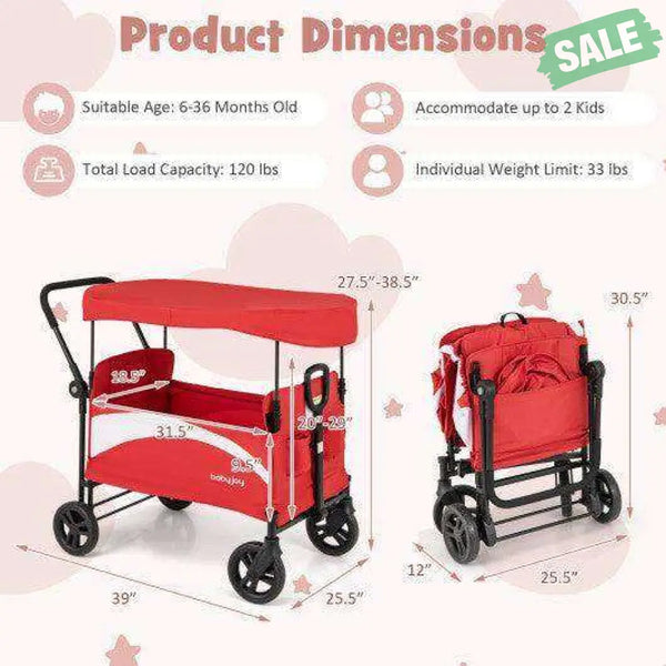 2-Seat Stroller Wagon with Adjustable Canopy and Handles-Gray Gray Baby Strollers