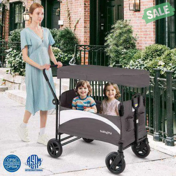 2-Seat Stroller Wagon with Adjustable Canopy and Handles-Gray Gray Baby Strollers