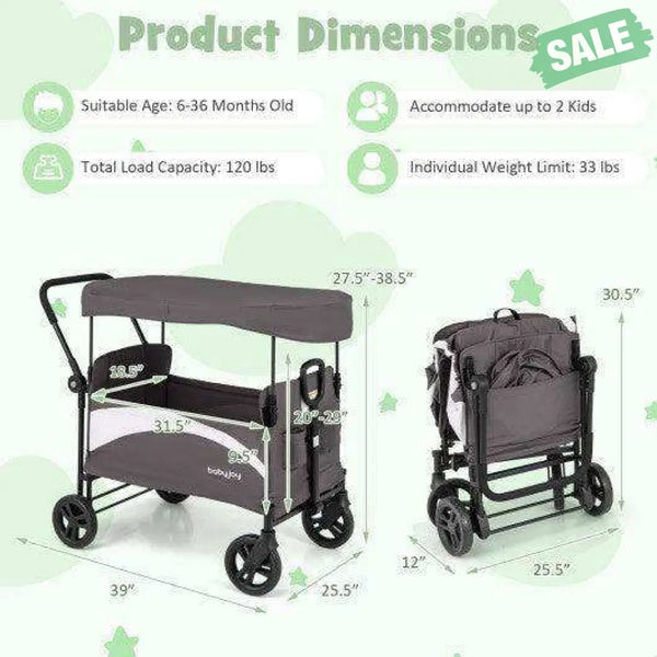 2-Seat Stroller Wagon with Adjustable Canopy and Handles-Gray Gray Baby Strollers