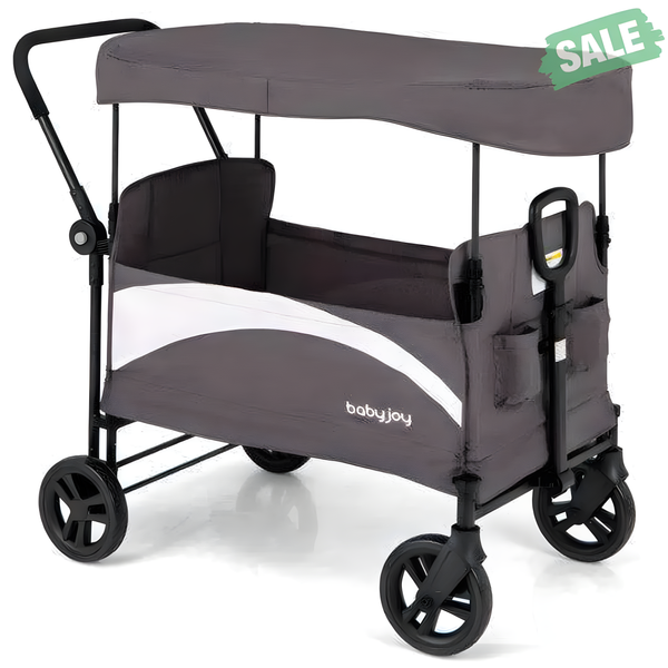 Gray 2-seat stroller wagon with adjustable canopy and handles, viewed from angle 3. Perfect for family outings.