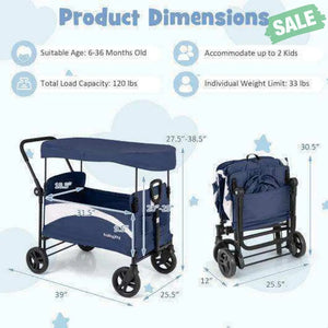 2-Seat Stroller Wagon with Adjustable Canopy and Handles-Navy