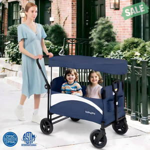 Navy 2-seat stroller wagon with adjustable canopy and handles, viewed from angle 3. Perfect for outdoor family adventures.