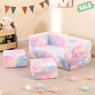 2 Seater Kids Play Couch with washable flannel cover in vibrant colors for comfortable playtime seating.