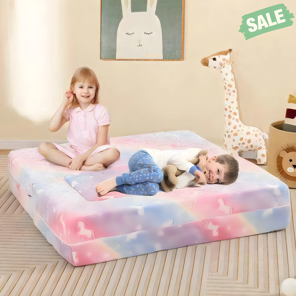 2 Seater Kids Play Couch with washable flannel cover in vibrant colors for comfortable playtime seating.