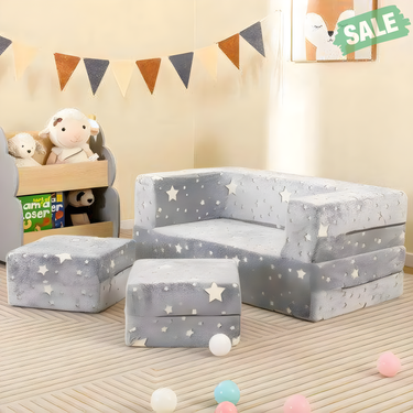 Gray 2 Seater Kids Play Couch with removable, machine washable flannel cover - perfect for playtime and relaxation.