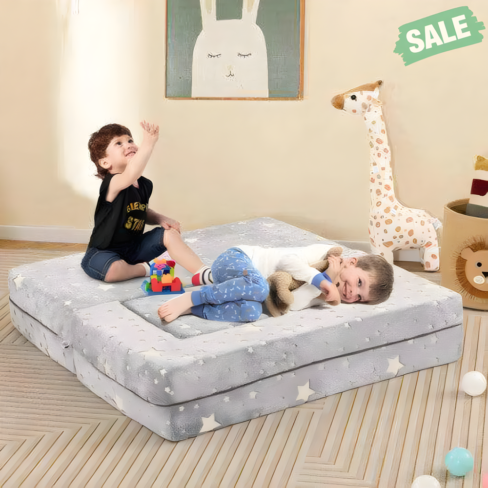 Gray 2 Seater Kids Play Couch with removable, machine washable flannel cover - perfect for playtime and relaxation.