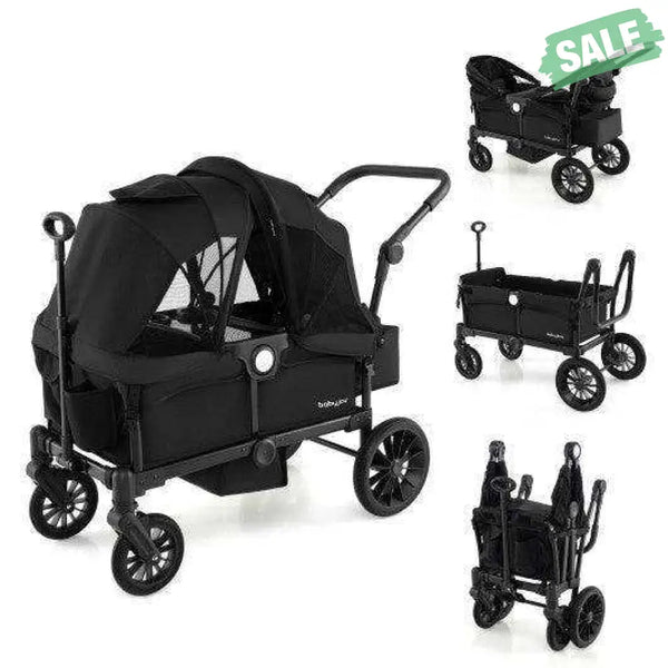 2 Seater Push Pull Collapsible Kids Wagon Stroller with Adjustable Handlebars-Black Baby Strollers
