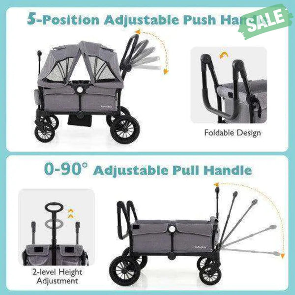 2 Seater Push Pull Collapsible Kids Wagon Stroller with Adjustable Handlebars-Black Baby Strollers