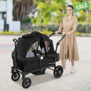 2 Seater Push Pull Collapsible Kids Wagon Stroller with Adjustable Handlebars-Black Baby Strollers