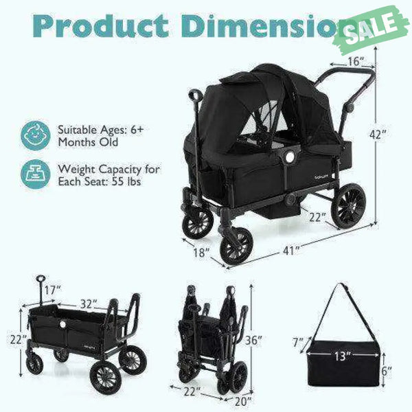 2 Seater Push Pull Collapsible Kids Wagon Stroller with Adjustable Handlebars-Black Baby Strollers