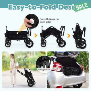 2 Seater Push Pull Collapsible Kids Wagon Stroller with Adjustable Handlebars-Black Baby Strollers