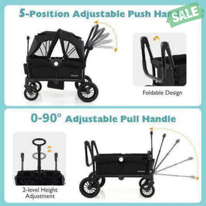 2 Seater Push Pull Collapsible Kids Wagon Stroller with Adjustable Handlebars-Black Baby Strollers
