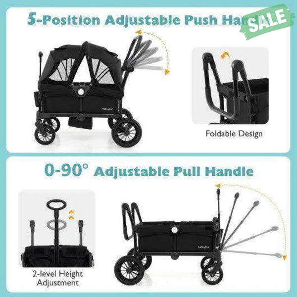 2 Seater Push Pull Collapsible Kids Wagon Stroller with Adjustable Handlebars-Black Baby Strollers