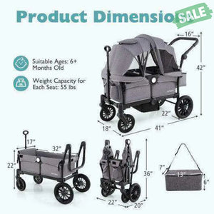 2 Seater Push Pull Collapsible Kids Wagon Stroller with Adjustable Handlebars-Black Baby Strollers