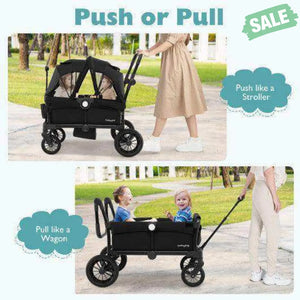 2 Seater Push Pull Collapsible Kids Wagon Stroller with Adjustable Handlebars-Black Baby Strollers