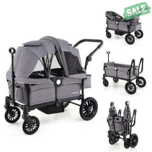 2 Seater Push Pull Collapsible Kids Wagon Stroller with Adjustable Handlebars-Black Baby Strollers