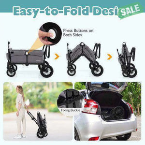 2 Seater Push Pull Collapsible Kids Wagon Stroller with Adjustable Handlebars-Black Baby Strollers