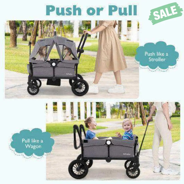 2 Seater Push Pull Collapsible Kids Wagon Stroller with Adjustable Handlebars-Black Baby Strollers