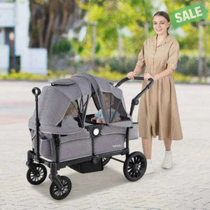 2 Seater Push Pull Collapsible Kids Wagon Stroller with Adjustable Handlebars-Black Baby Strollers