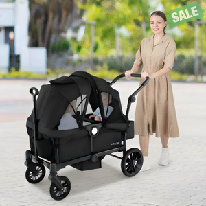 Black 2 Seater Push Pull Collapsible Kids Wagon Stroller with Adjustable Handlebars for toddlers.
