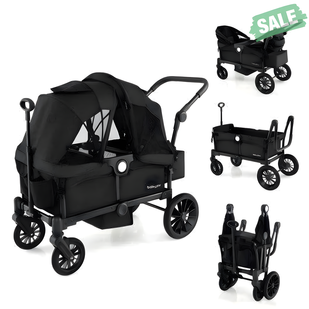 Black 2 Seater Push Pull Collapsible Kids Wagon Stroller with Adjustable Handlebars for toddlers.