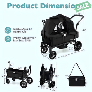 2-seater black kids wagon stroller with adjustable handlebars, collapsible design, viewed from angle 3.
