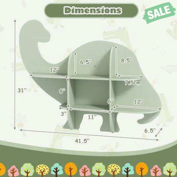 2-Tier Floating Dinosaur Kids Bookshelf for Children-Green Green Kids Storage