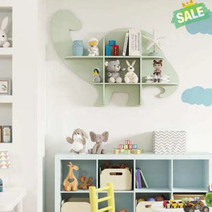 2-Tier Floating Dinosaur Kids Bookshelf for Children-Green Green Kids Storage