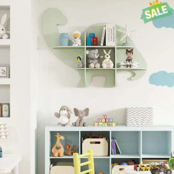 2-Tier Floating Dinosaur Kids Bookshelf for Children-Green Green Kids Storage