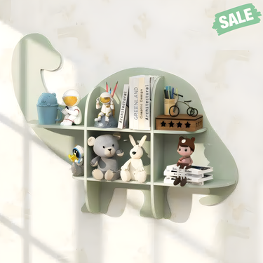 2-Tier Floating Dinosaur Kids Bookshelf in Green for children's storage and organization. Perfect for playful decor.