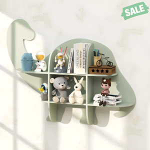 2-Tier Floating Dinosaur Kids Bookshelf in Green for children's storage and organization. Perfect for playful decor.