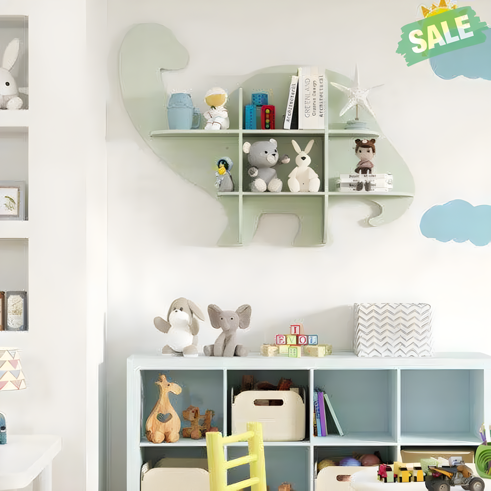 2-Tier Floating Dinosaur Kids Bookshelf in Green for children's storage and organization. Perfect for playful decor.