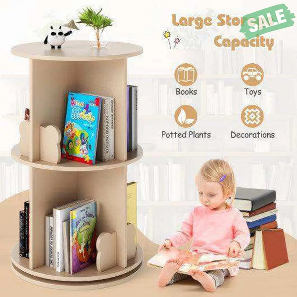 2 Tier Freestanding Kids Rotating Bookshelf Storage Rack with Bear Baffles-Natural