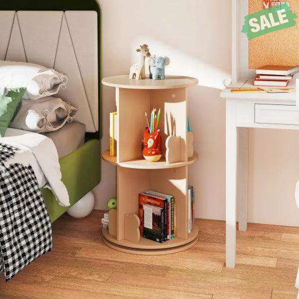 2 Tier Freestanding Kids Rotating Bookshelf Storage Rack with Bear Baffles-Natural