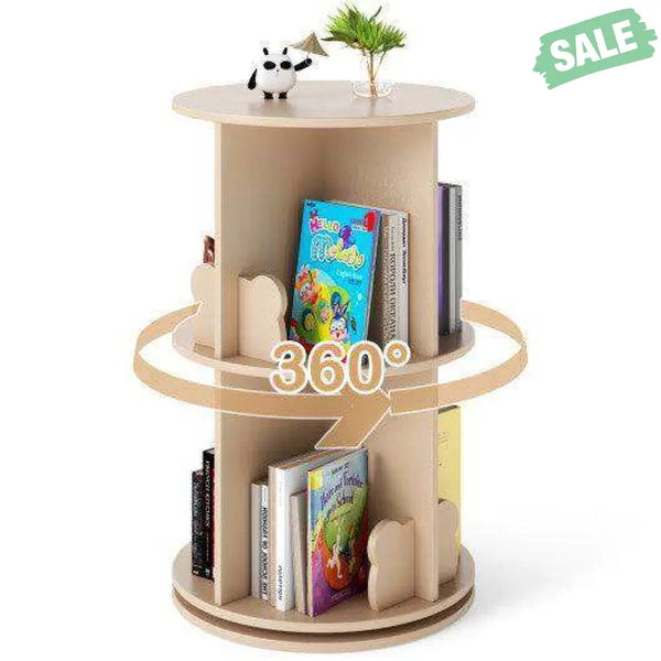 2 Tier Freestanding Kids Rotating Bookshelf Storage Rack with Bear Baffles-Natural