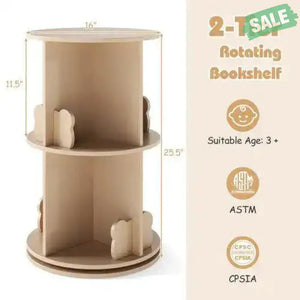 2 Tier Freestanding Kids Rotating Bookshelf Storage Rack with Bear Baffles-Natural