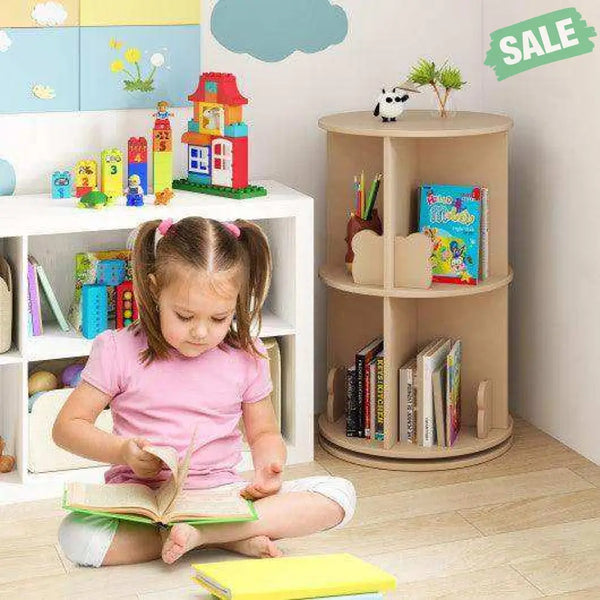 2 Tier Freestanding Kids Rotating Bookshelf Storage Rack with Bear Baffles-Natural