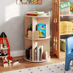 Natural 2 Tier Kids Rotating Bookshelf Rack with Bear Baffles - Ideal Storage Solution for Baby's Books and Toys.