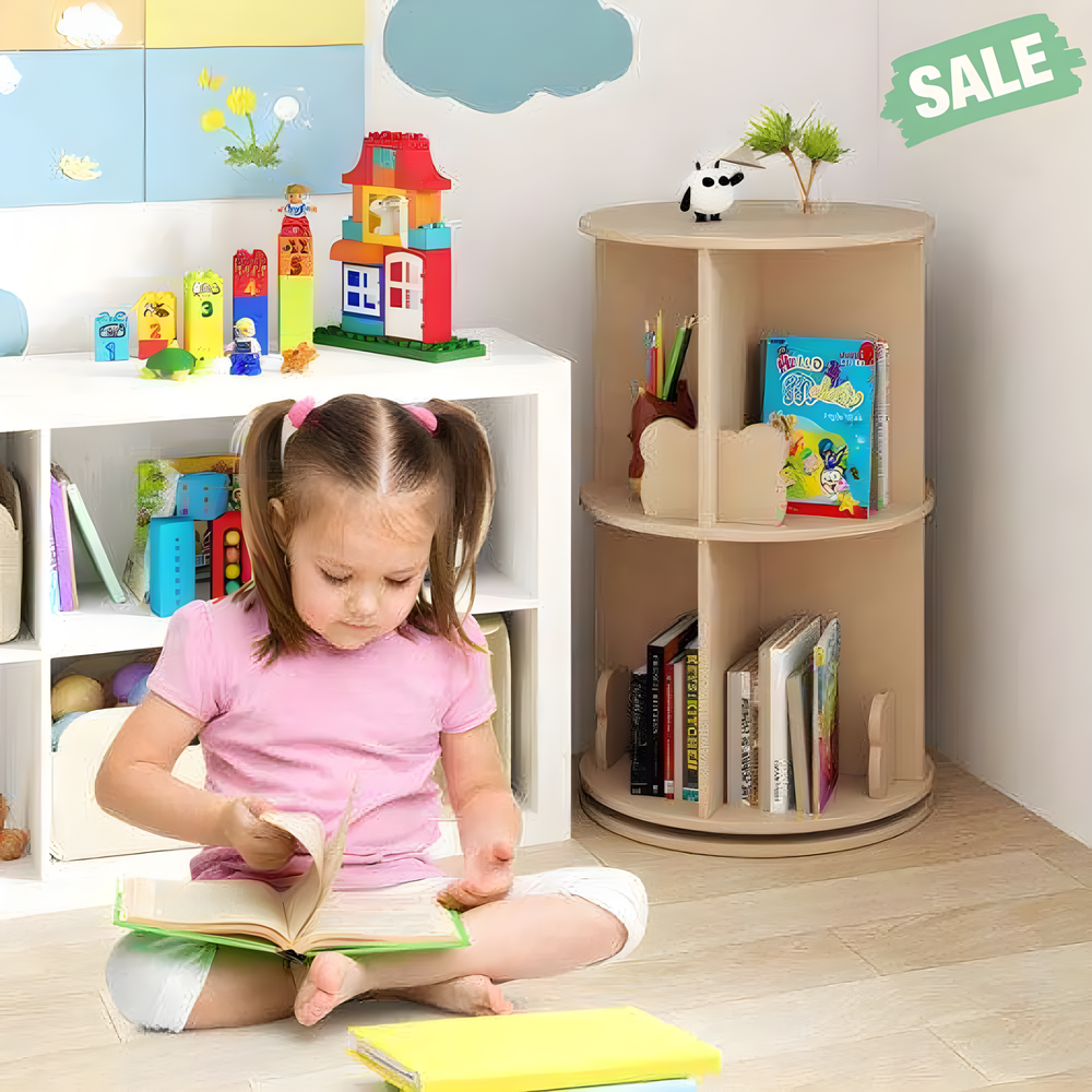 Natural 2 Tier Kids Rotating Bookshelf Rack with Bear Baffles - Ideal Storage Solution for Baby's Books and Toys.