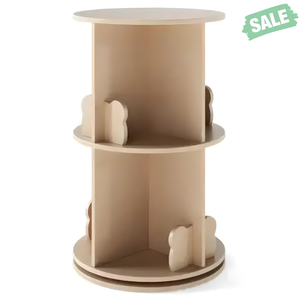 Natural 2 Tier Kids Rotating Bookshelf with Bear Baffles - Freestanding Storage Rack for Children's Books.